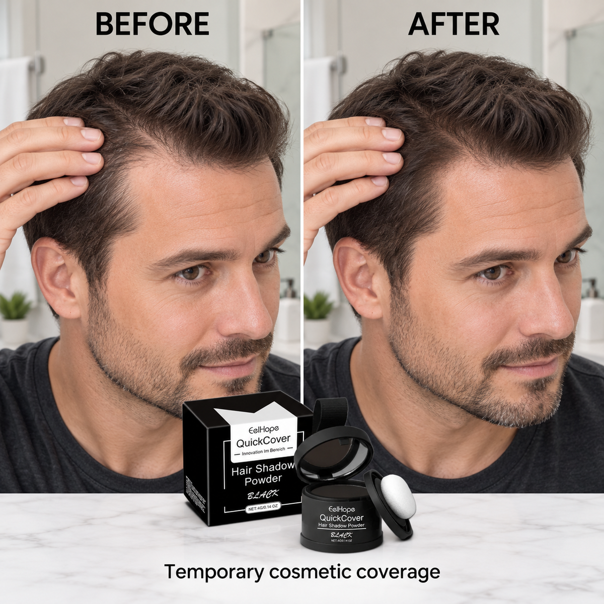 Man before and after temporary cosmetic hairline coverage