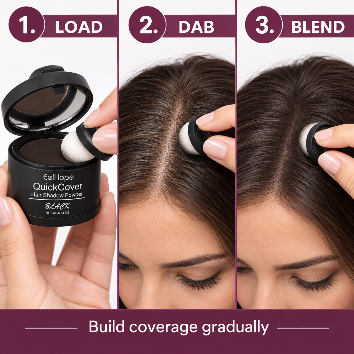 Three steps to load, dab, and blend root touch-up powder