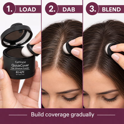 Three steps to load, dab, and blend root touch-up powder