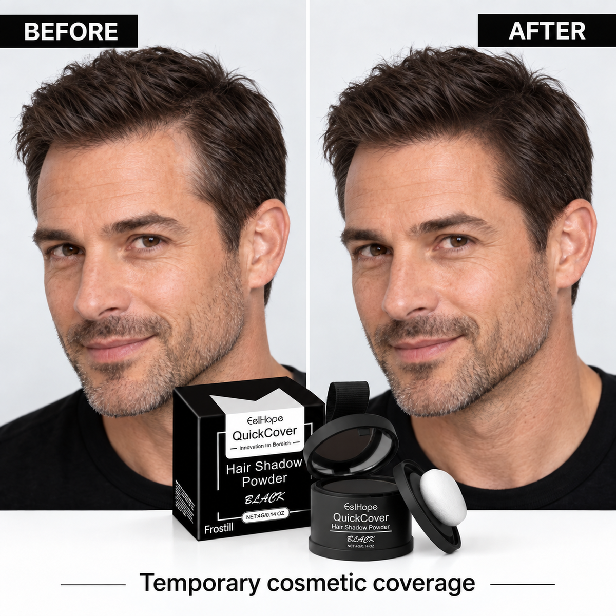 Man before and after temporary hairline colour coverage