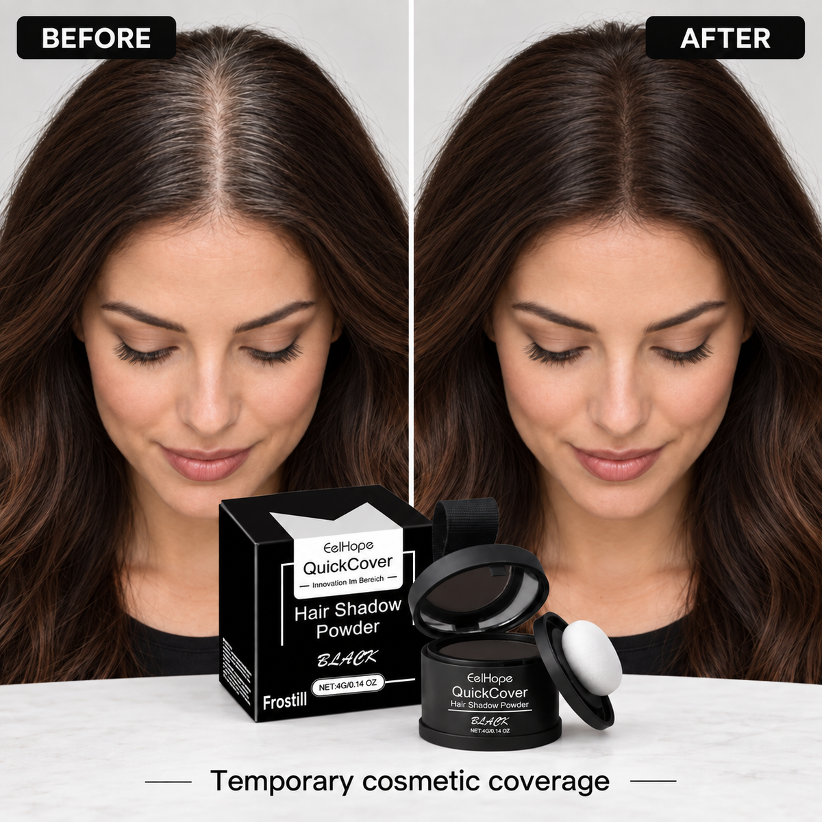 Woman before and after temporary root colour coverage